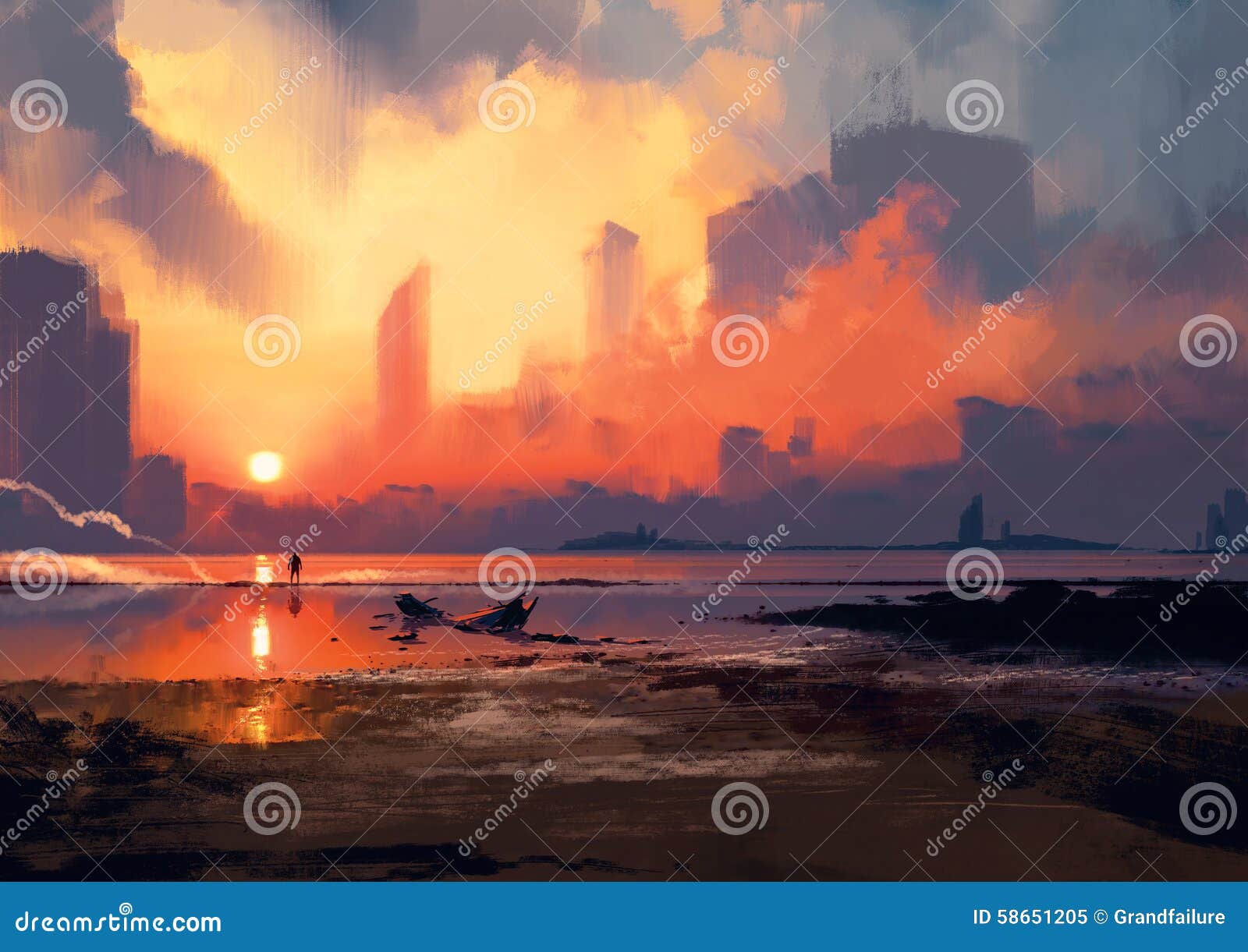 man on sea beach looking at skyscrapers at sunset