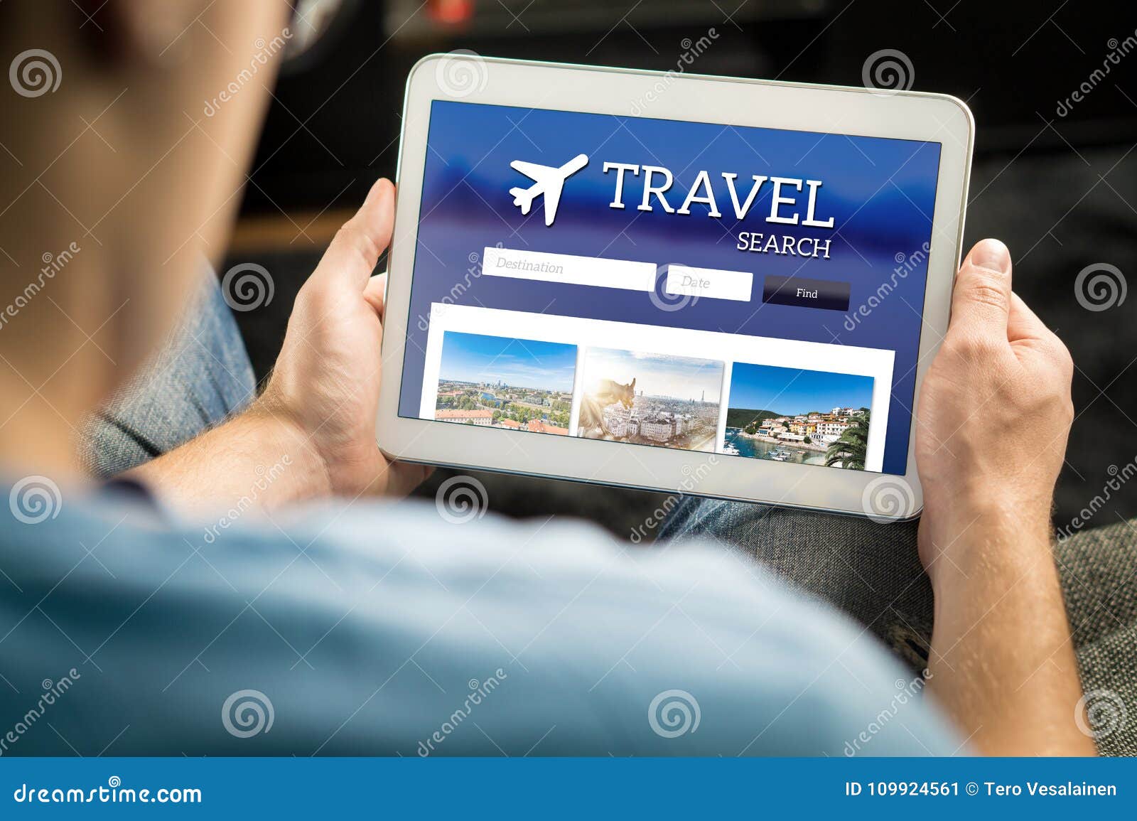 man searching cheap flights, hotel or holiday package online