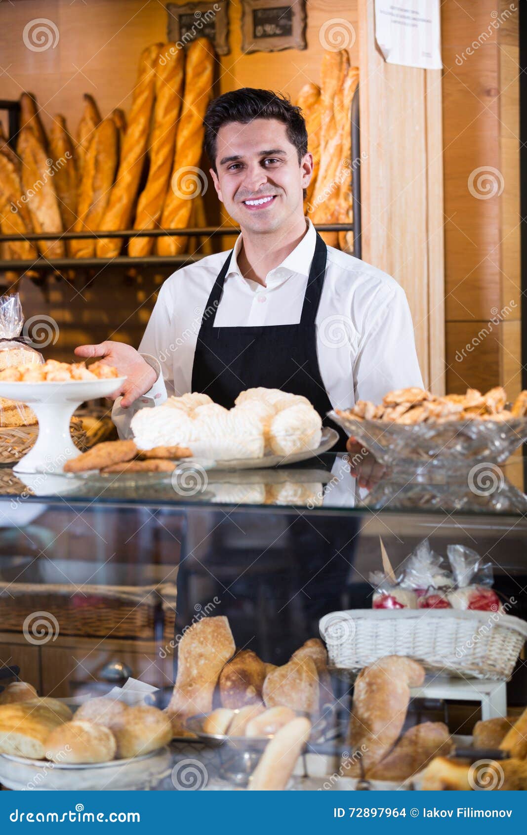 Man Selling Fresh Pastry and Baguettes Stock Photo Image of european