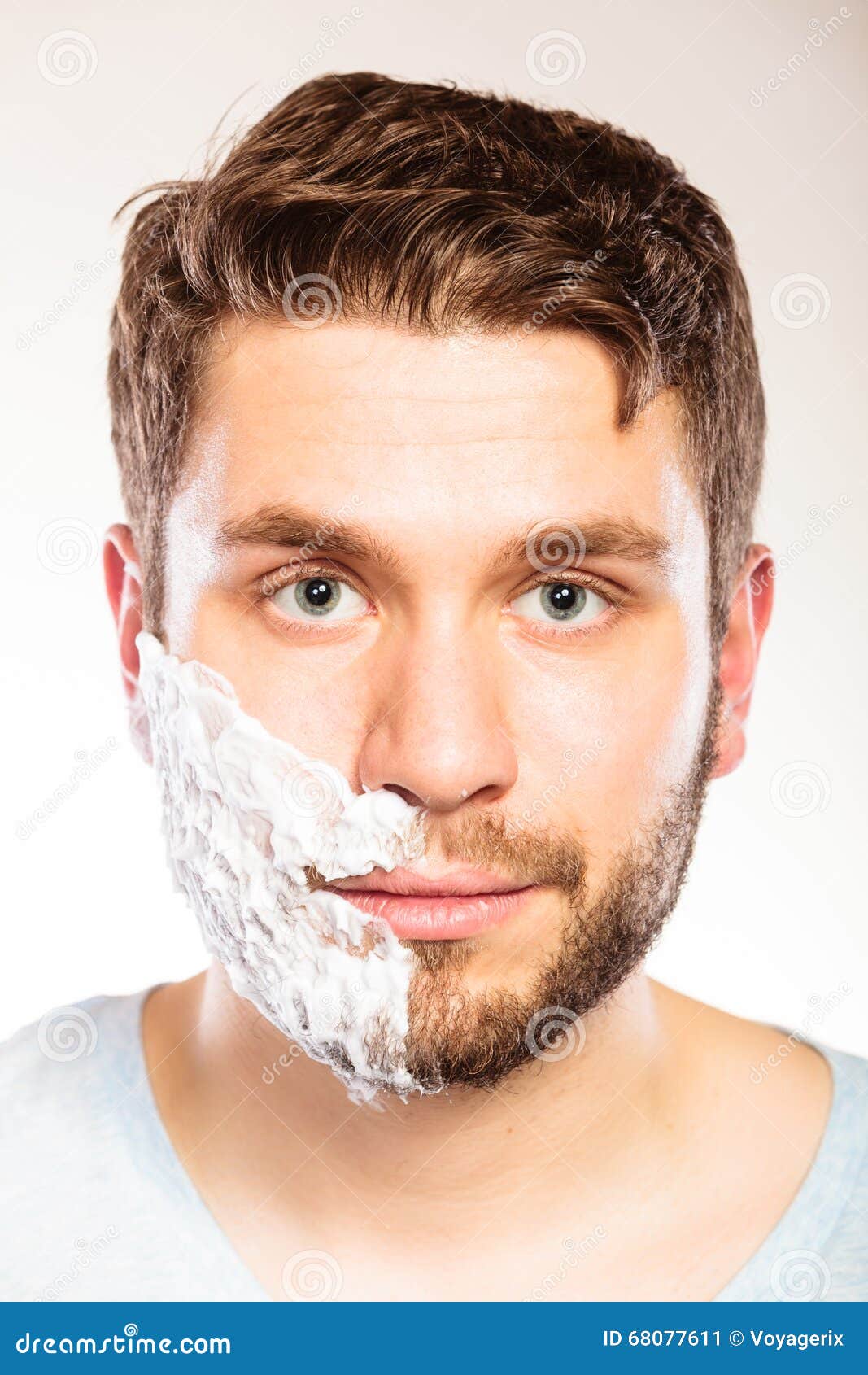 Man with Shaving Cream Foam on Half of Face. Stock Image Image of
