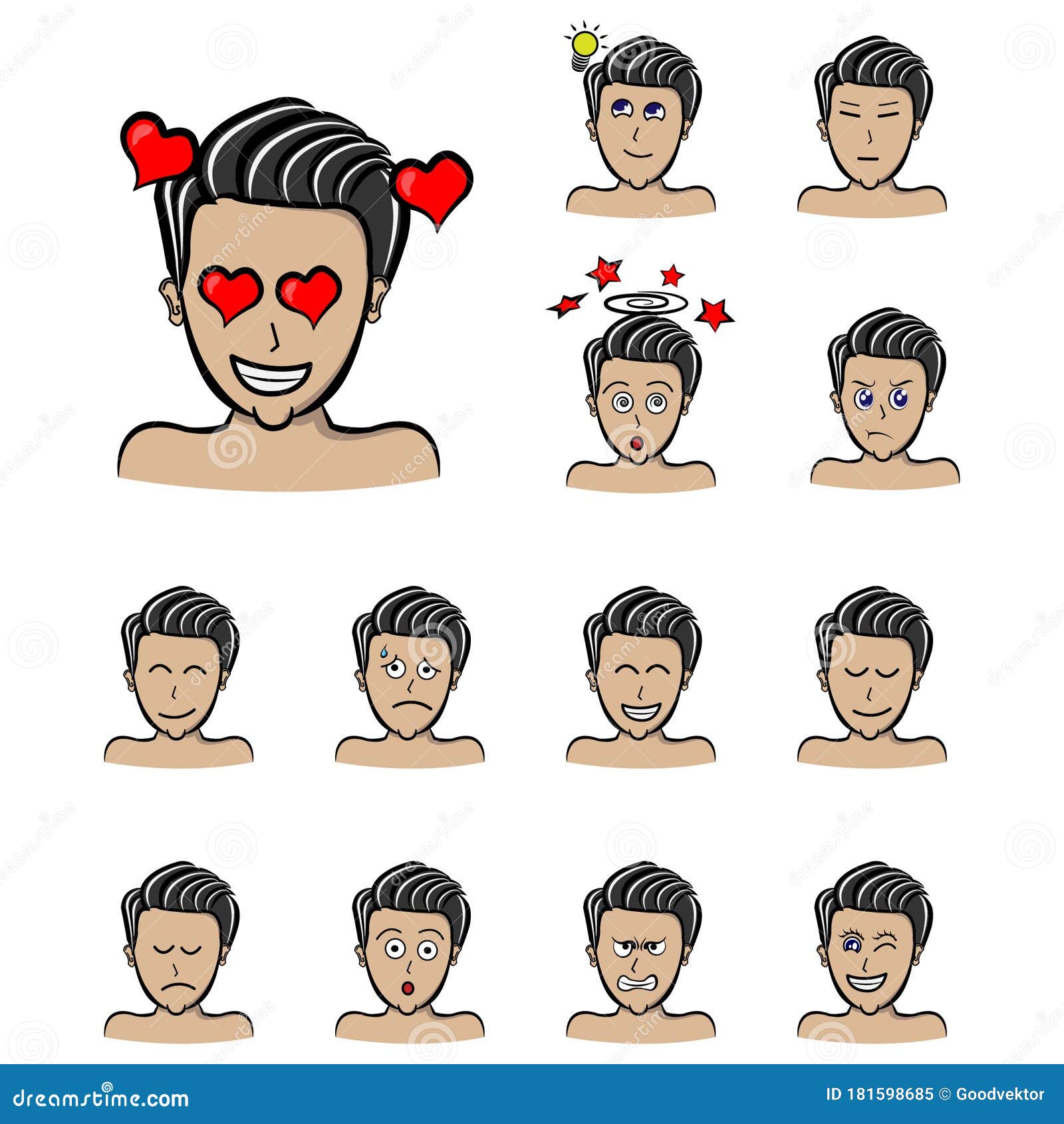 Man Shiny Hair Style in Love Heart Set of Different Emotions Male  Character. Handsome Man Emoji with Various Facial Expressions Stock Vector  - Illustration of happy, fall: 181598685