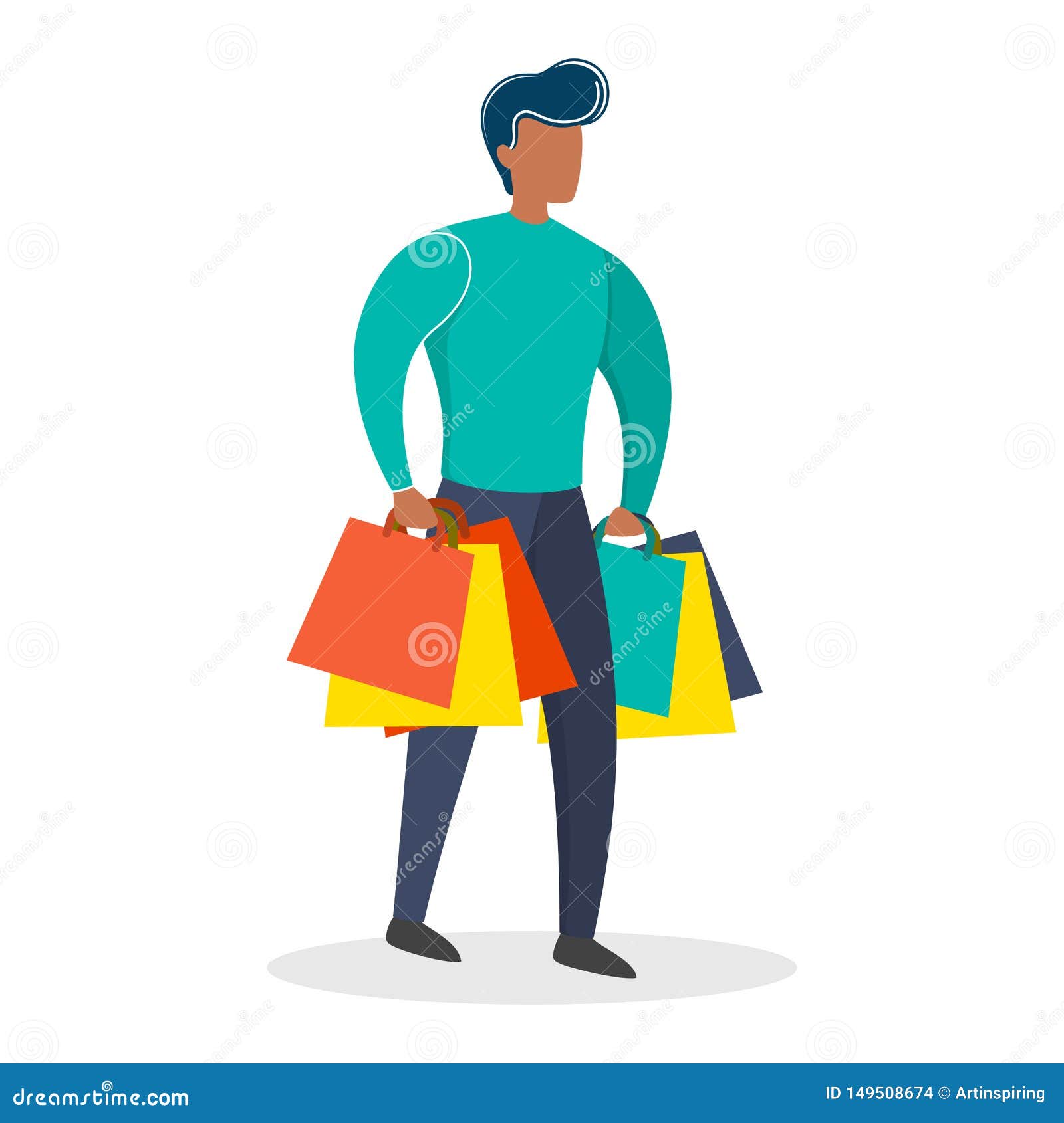 Man shopping. Grocery or fashion store. Customer with shopping bags. Guy on the big sale. Isolated flat vector illustration