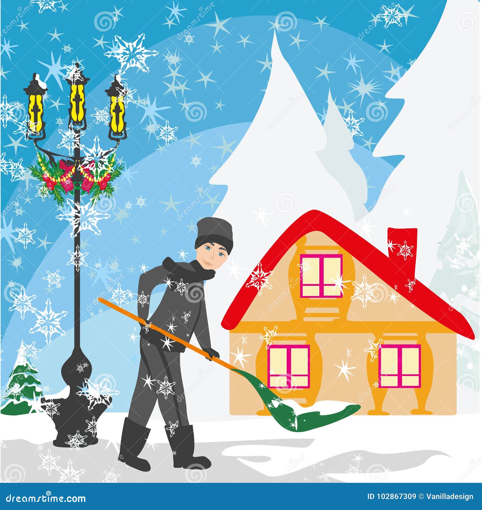 Man shoveling snow stock vector. Illustration of flakes 102867309