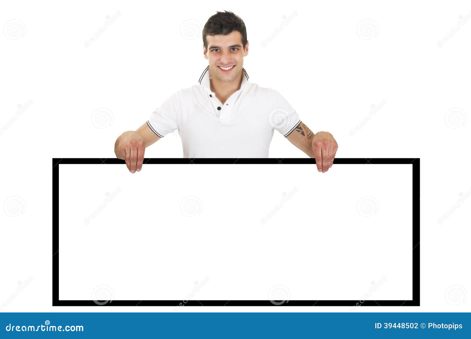 Man Showing and Displaying Placard Stock Photo Image of smile, casual
