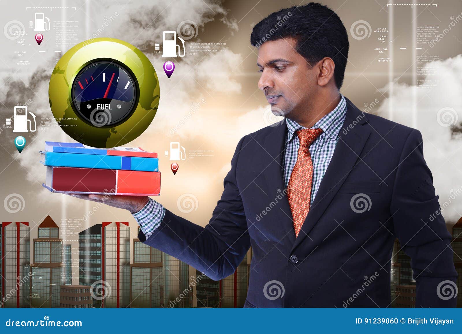 Man Showing Fuel Meter with Books Stock Photo Image of object