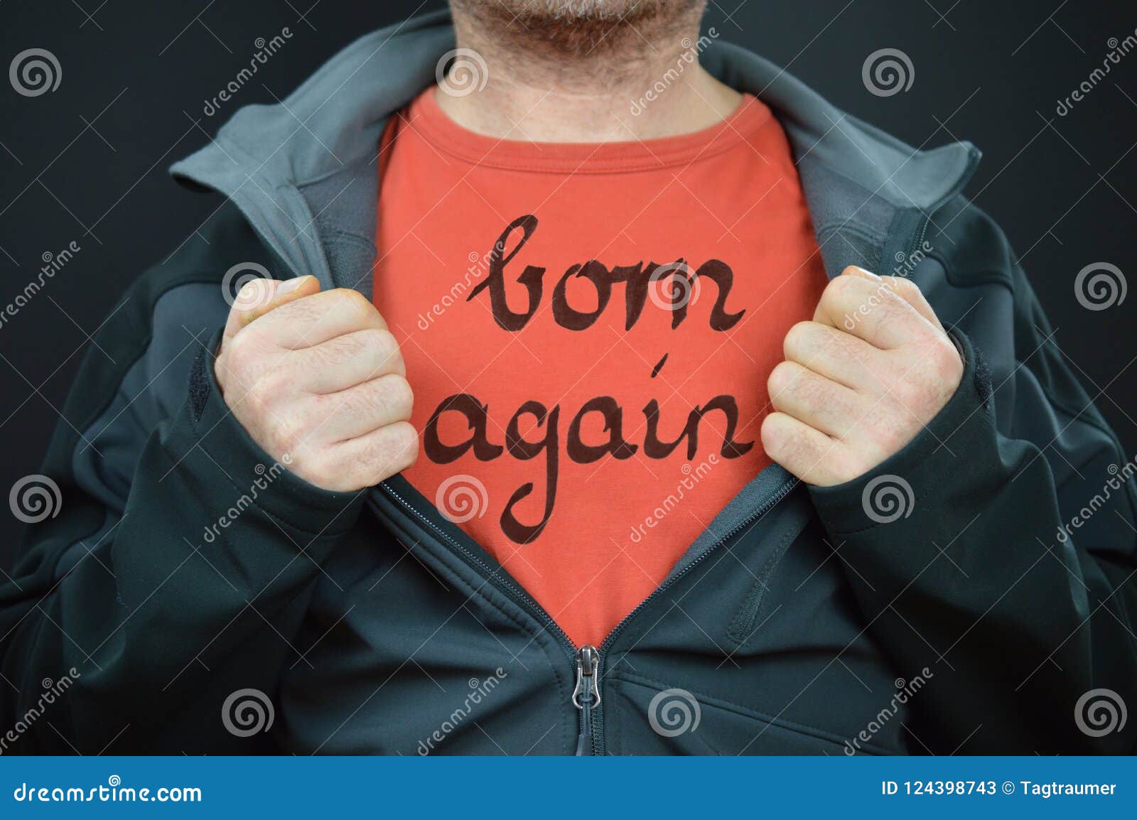 man with words born again on his red t-shirt