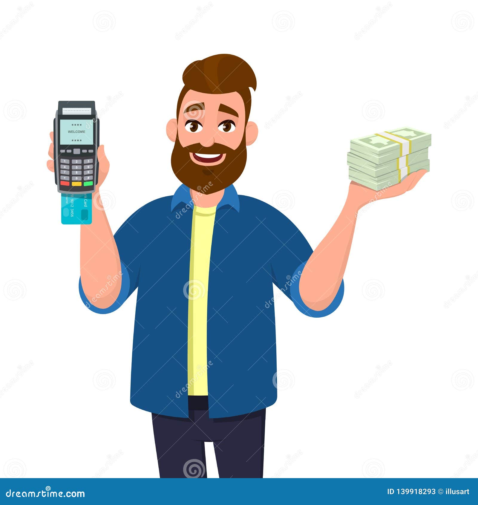 man is showing or holding a pos terminal or credit, debit card swiping payment machine and bunch or cash, money, currency, bank.