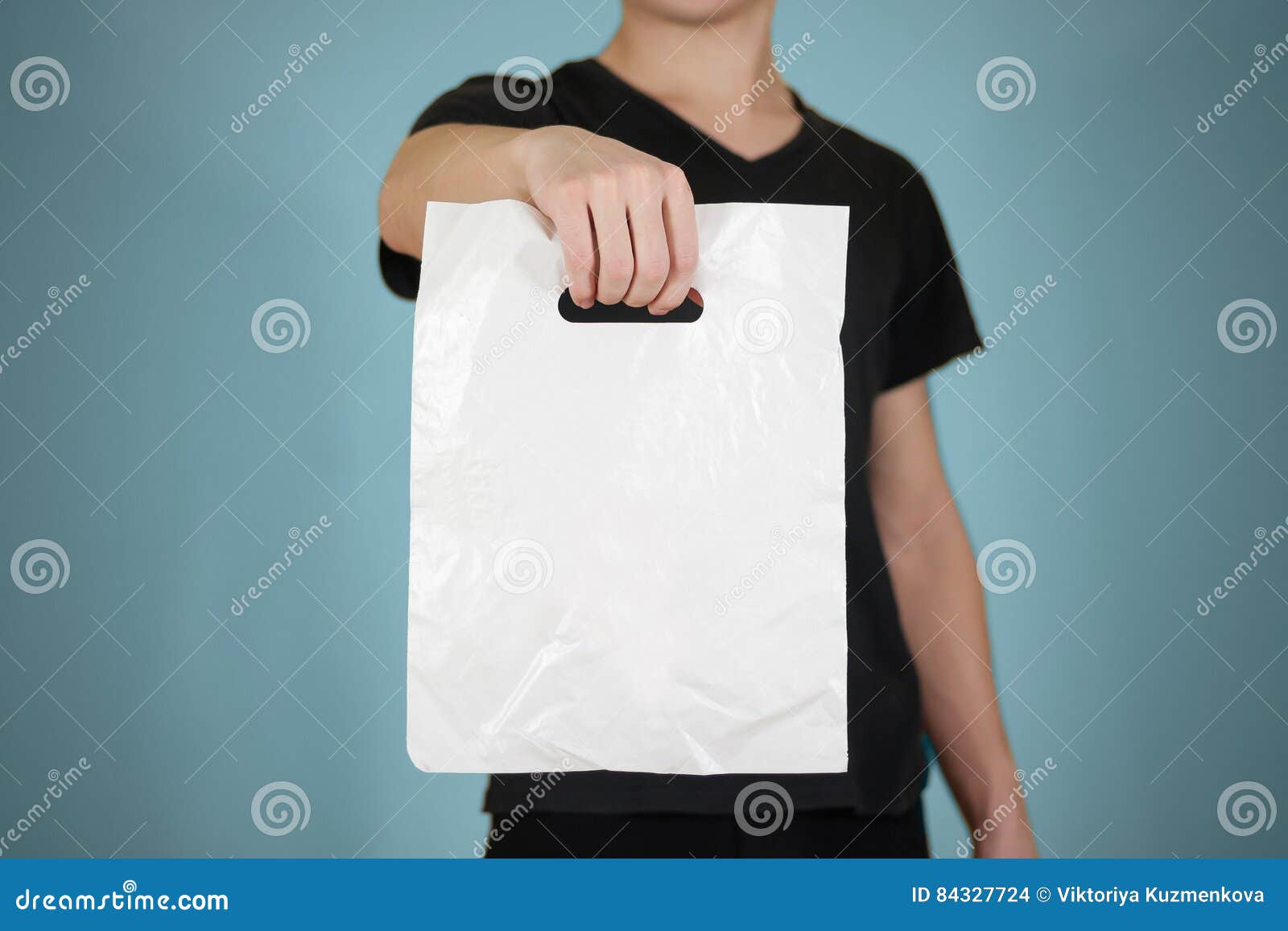 Download Man Shows Blank Plastic Bag Mock Up Isolated. Empty White Polyethylene Package Mockup. Consumer ...