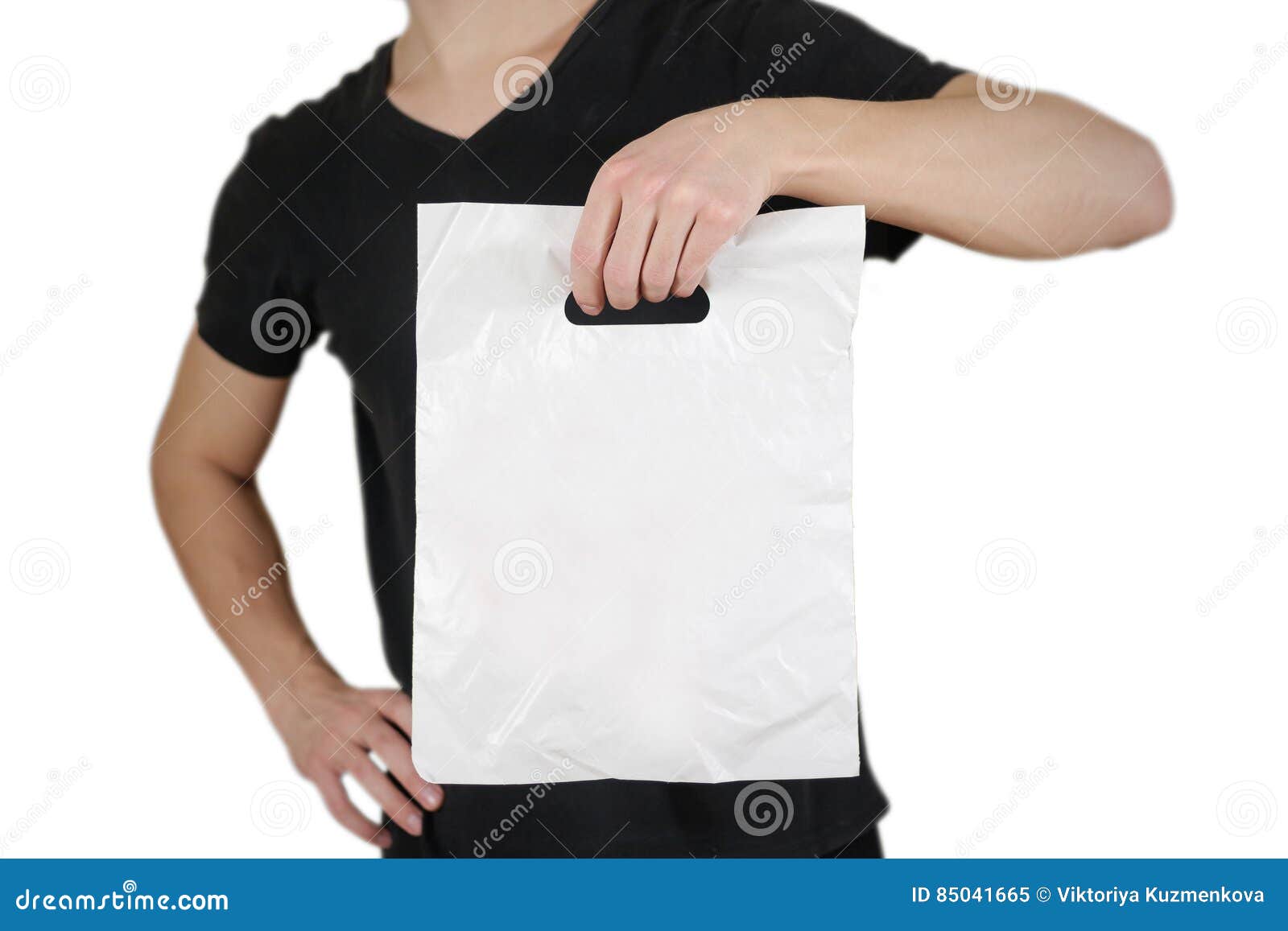 Download Man Shows Blank Plastic Bag Mock Up Isolated On White ...