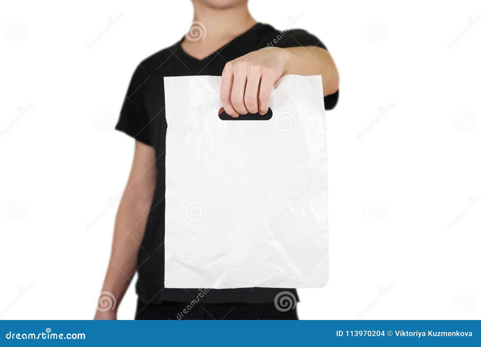 Download Man Shows Blank Plastic Bag Mock Up Isolated On White ...
