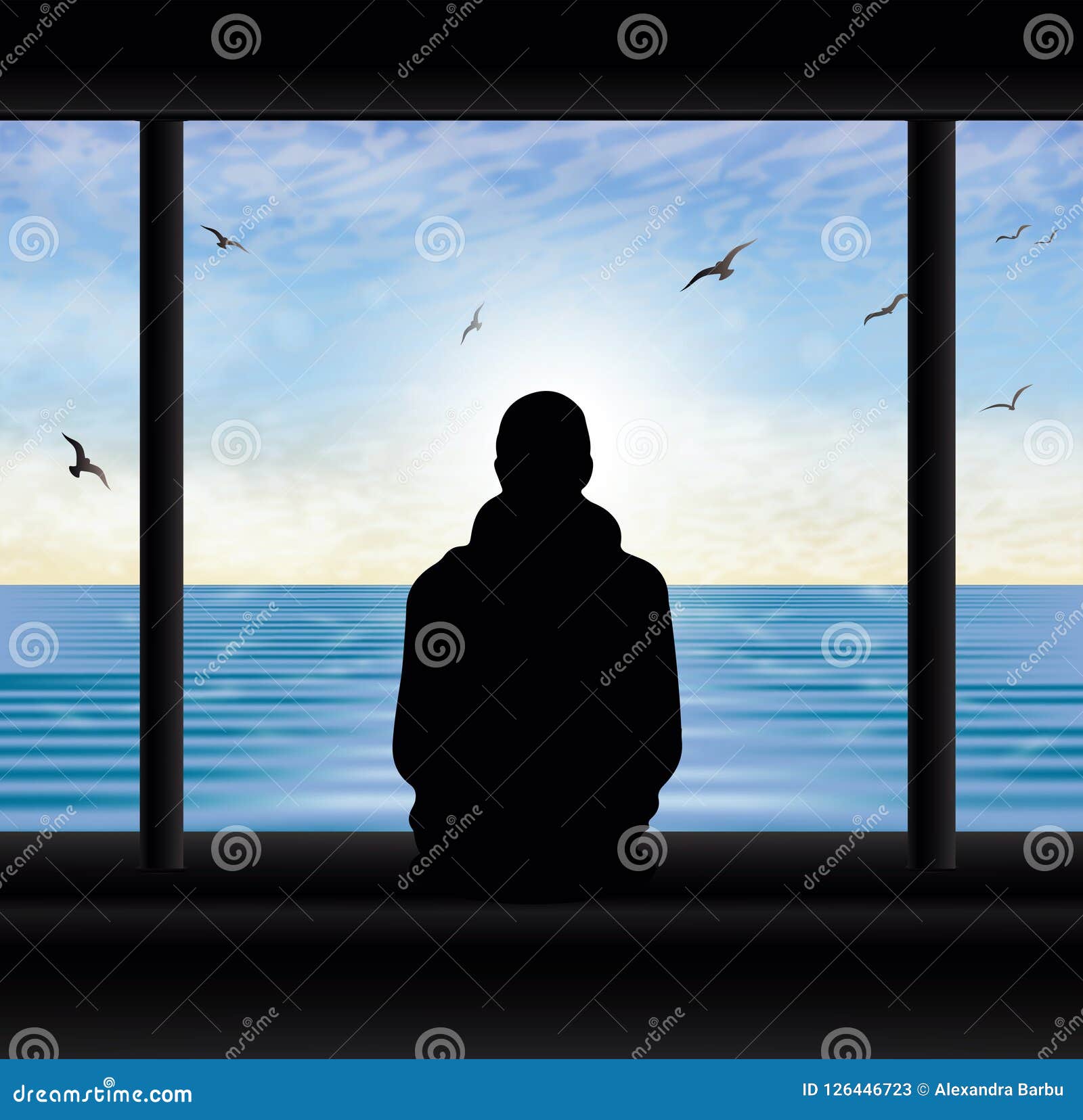 man thinking silhouette at the window looking at lake
