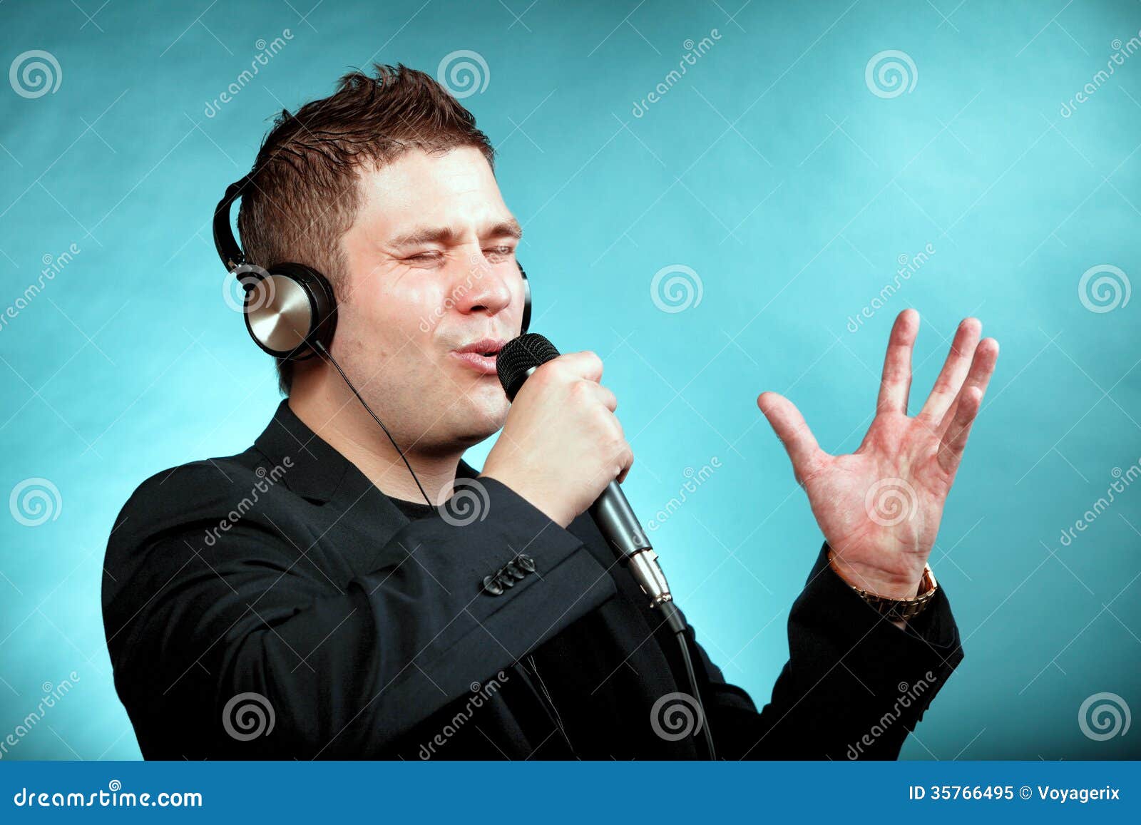 Man Singing Into Microphone Happy Karaoke Signer Stock Image Image Of