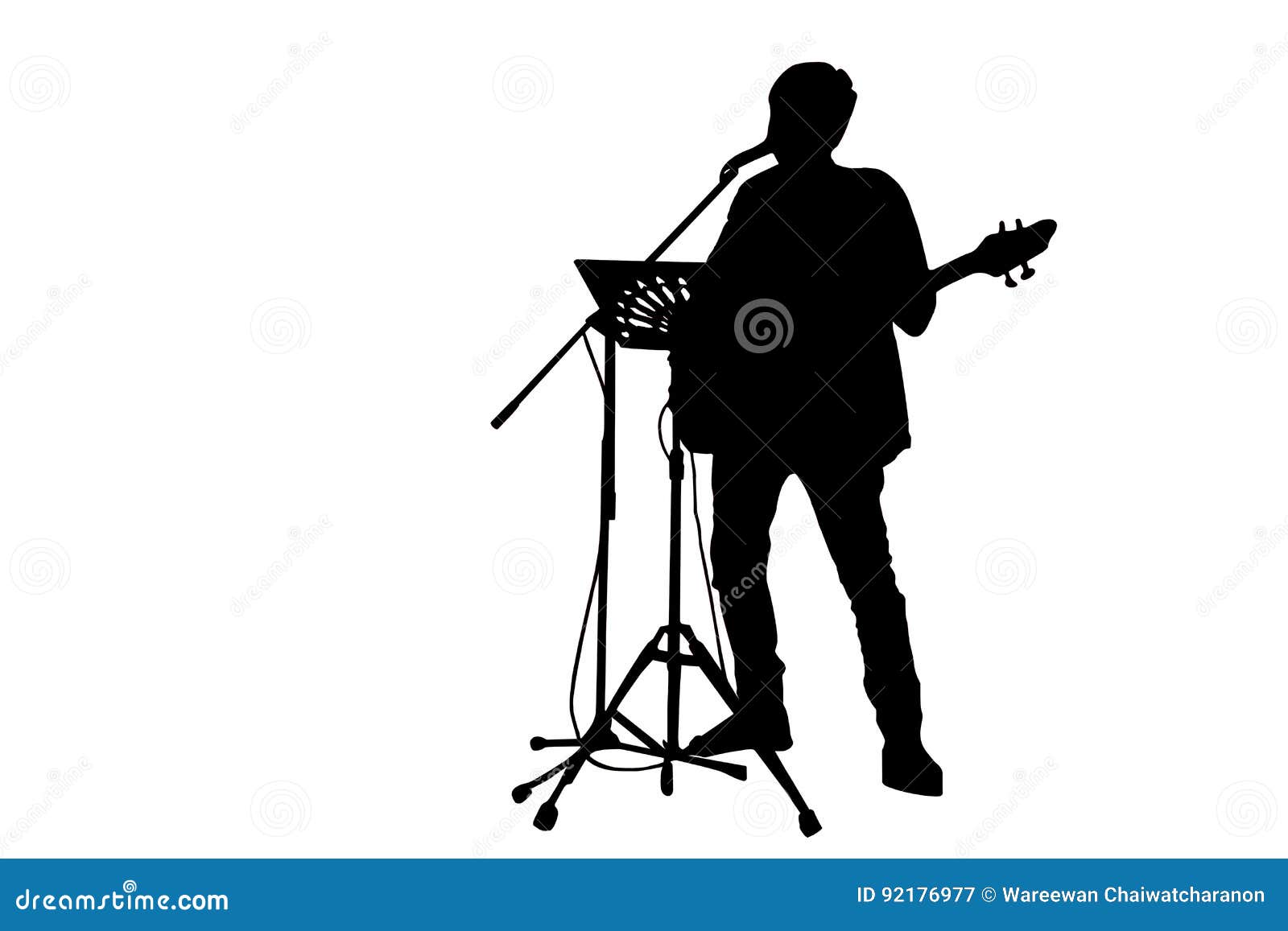 Man Singing and Playing Guitar with Note Stand and Micr Stock