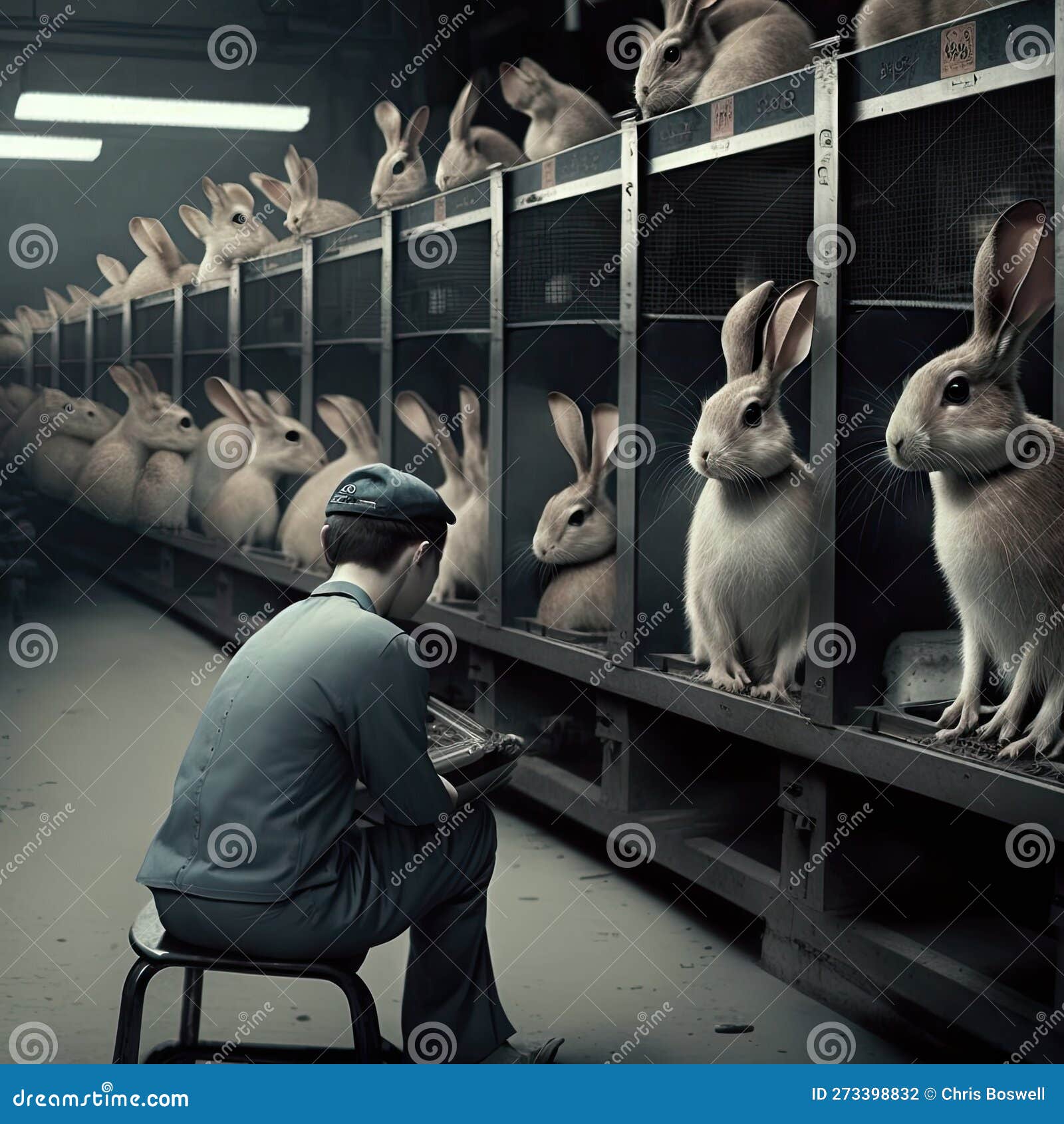 Man Sits Studying Bunny Rabbits in Cages Stock Photo Image of