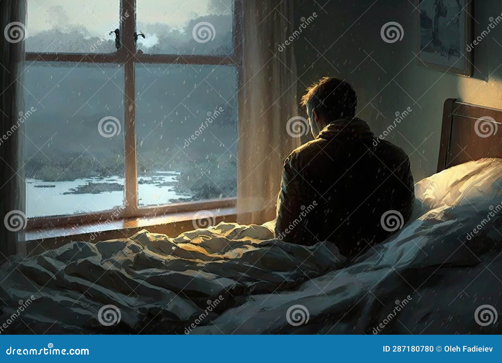 man sitting alone in bed and looking through the window at the rain