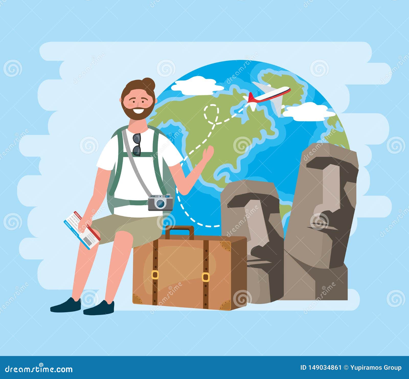Man Sitting in the Baggage with Backpack and Ticket Stock Vector ...