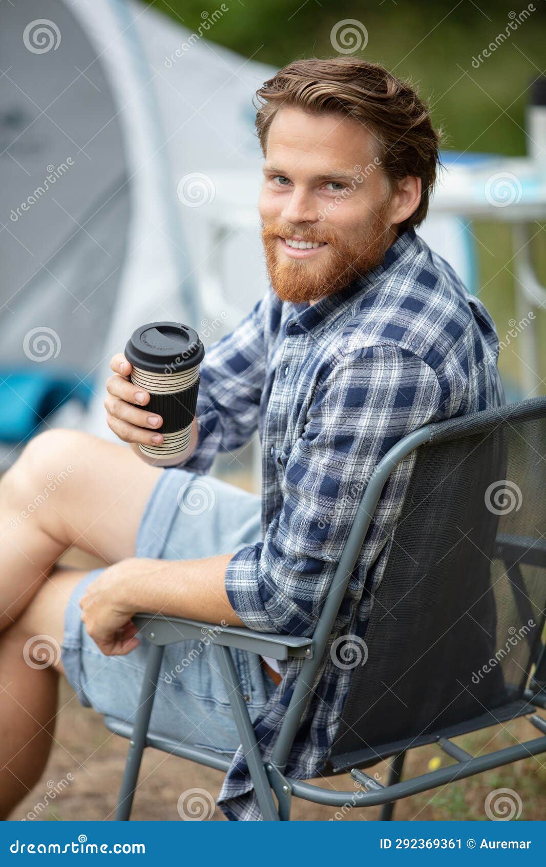 Man Sitting Drinking Tea or Coffee on Campsite Stock Image Image of