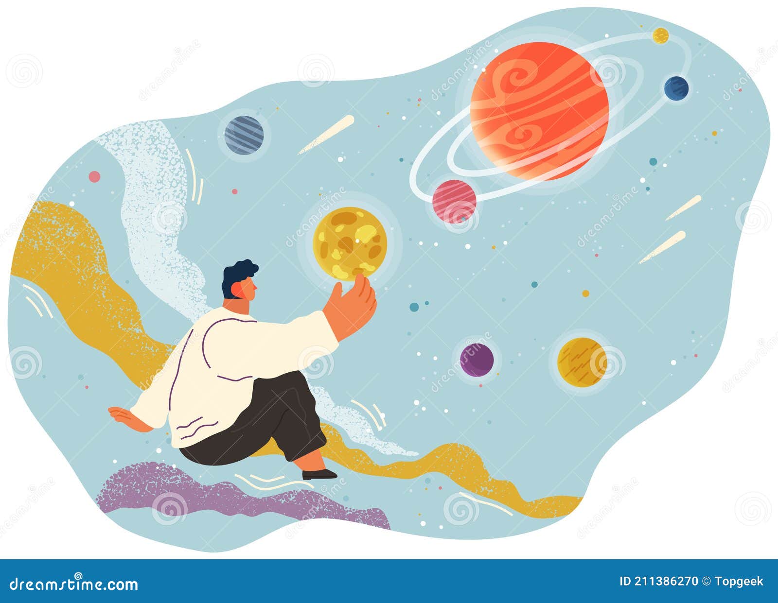 A Man Sitting in Fantastic Space Holding Planet with Dream Universe Cartoon  Cosmic Abstract Scene Stock Vector - Illustration of character, stars:  211386270