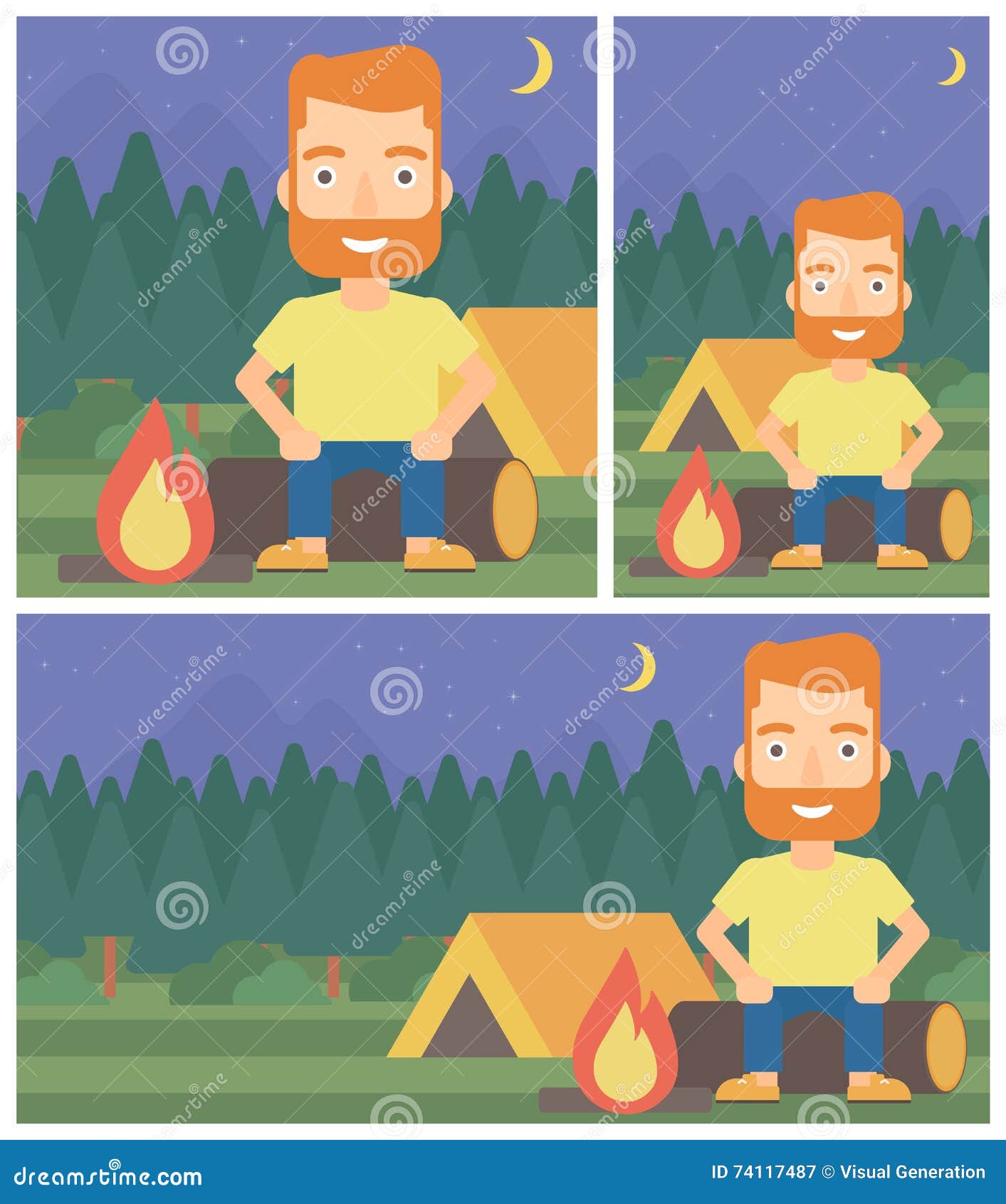 Man Sitting on Log in the Camping. Stock Vector - Illustration of ...