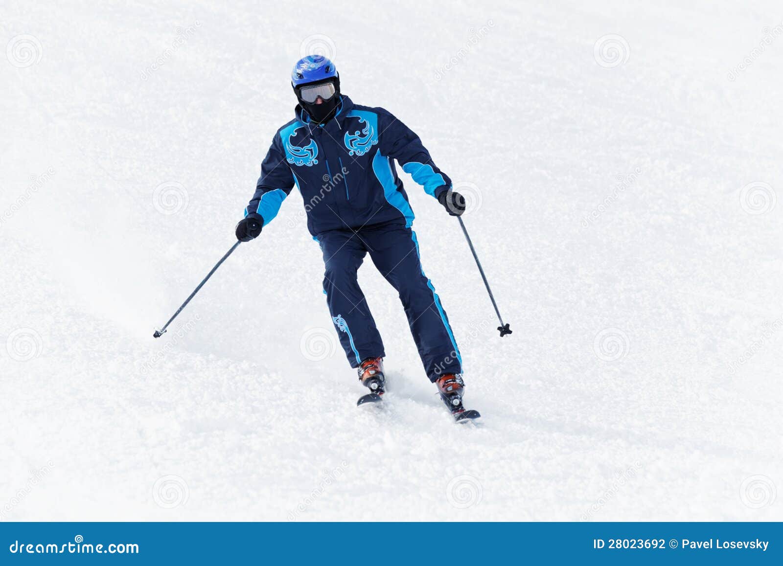 Man in Ski Suit Glides Downhill on Skis Stock Photo Image of human