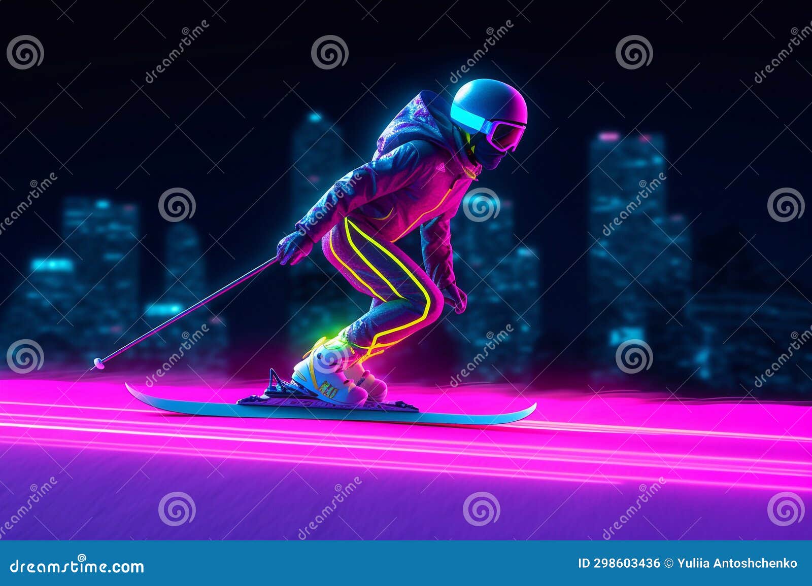 Man Skiing with Neon Effect. Stock Illustration Illustration of