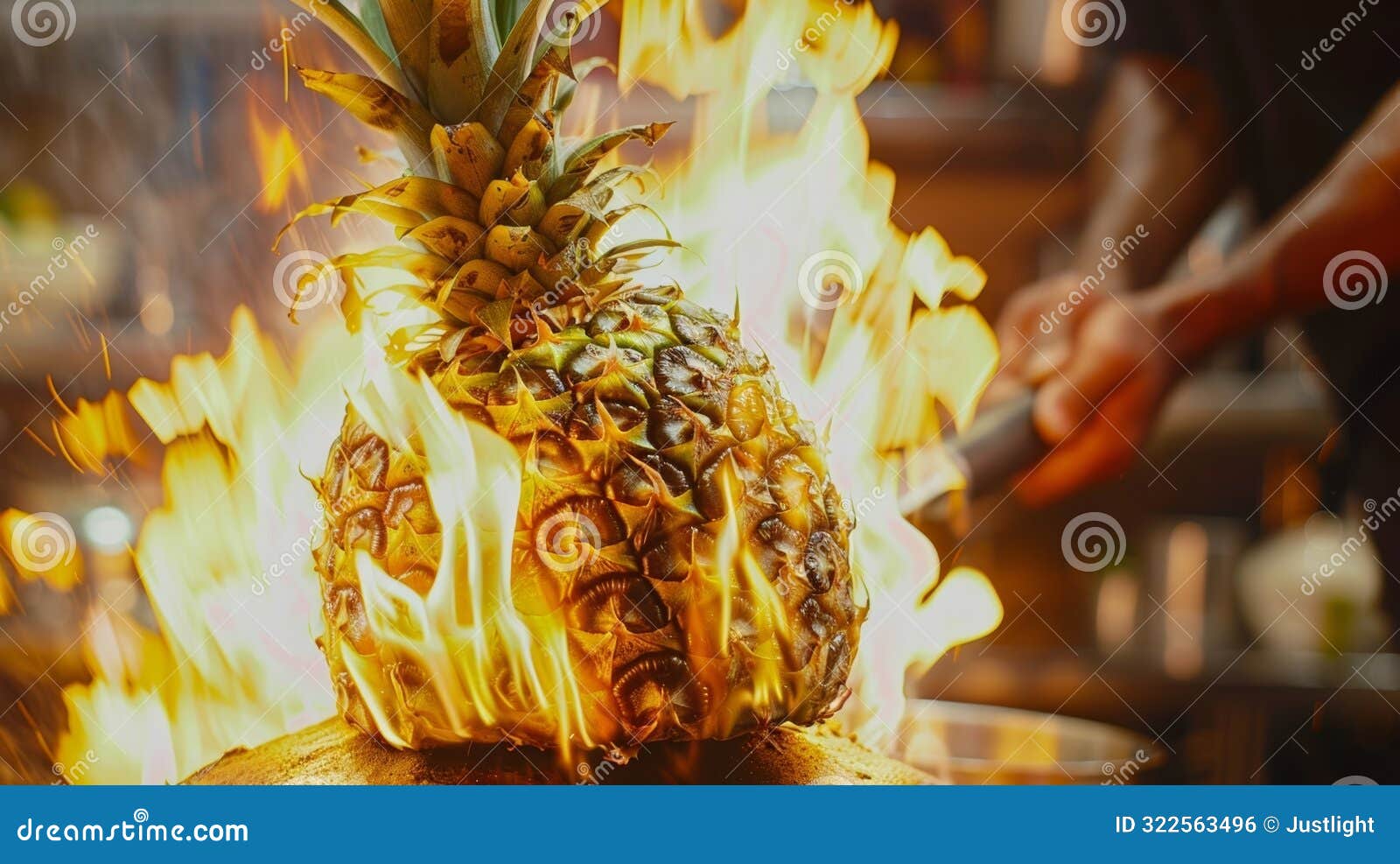 a man skillfully rotates a whole pineapple over the fire caramelizing the sugars and intensifying the fruits natural