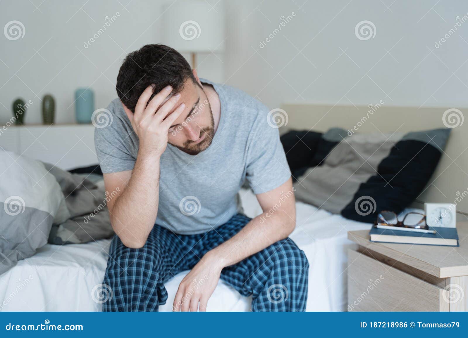 Man with Sleeping Problem Wake Up Feeling Tiredness Stock Photo Image