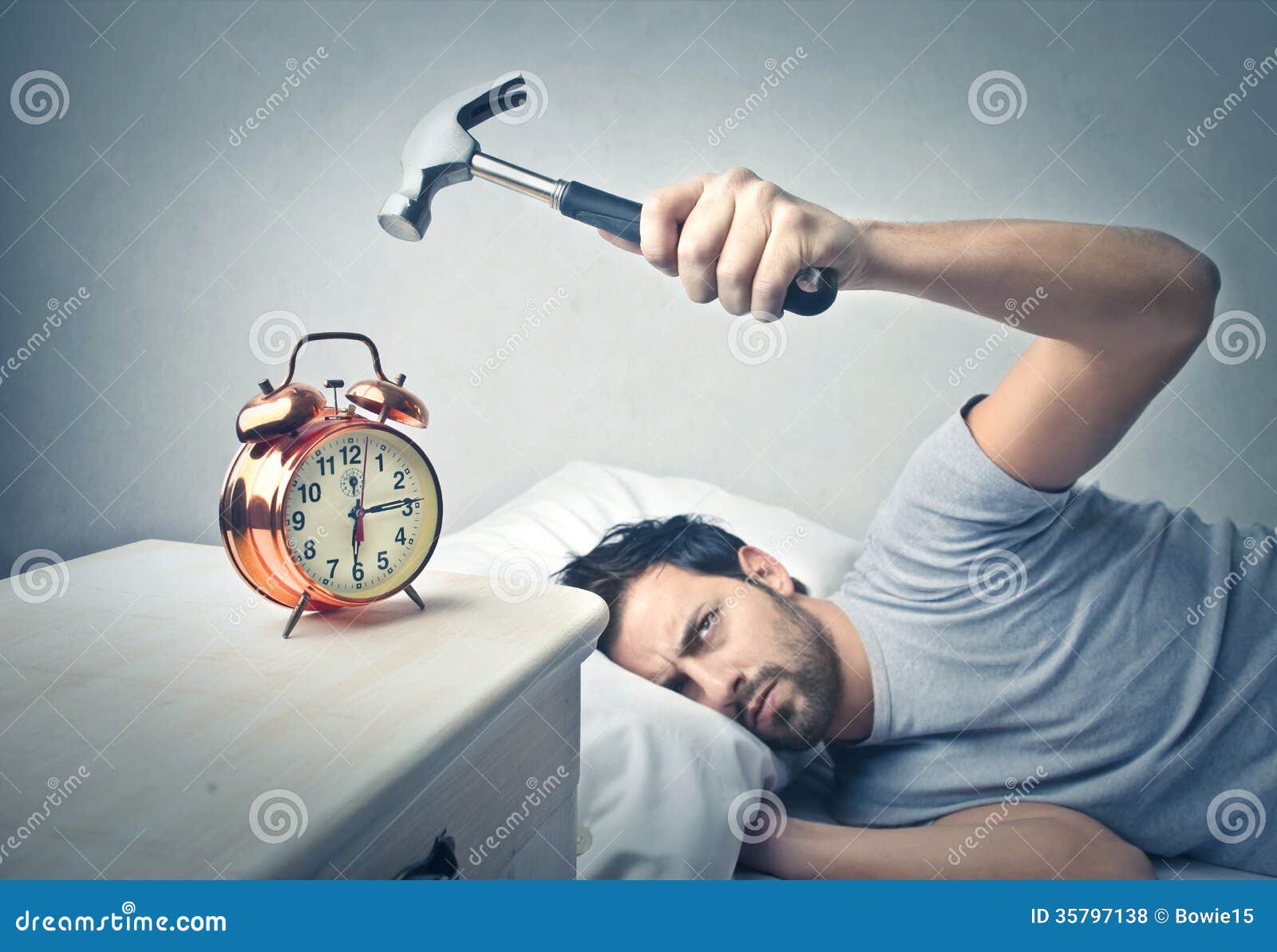 Man Sleeping and Using a Hammer Stock Photo Image of clock, portrait