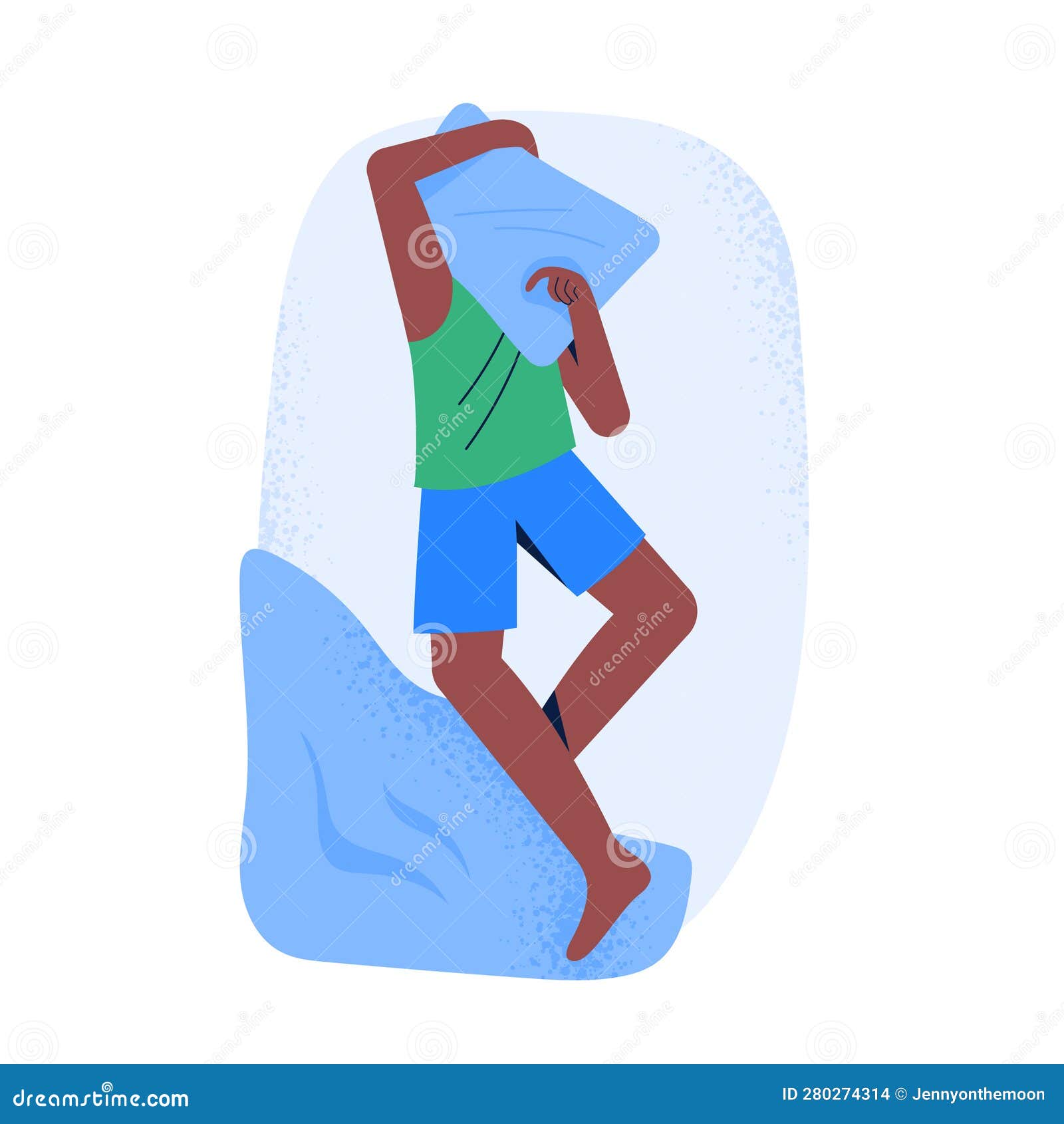 A Man Sleeps in a Back Pose with Pillow on the Face. Top View of Night ...