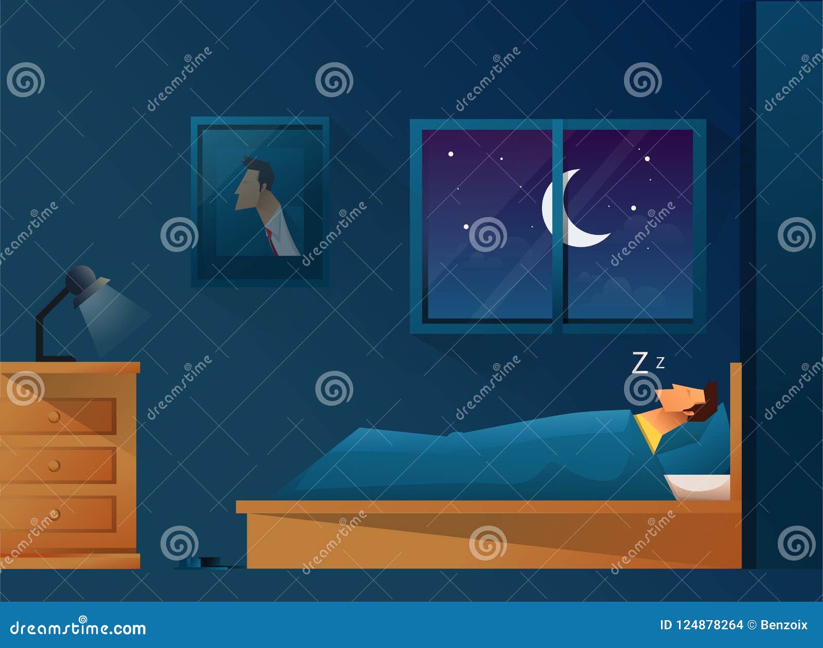 Man Sleeps At Night In Bed. Room With A Window At Night Stock Vector