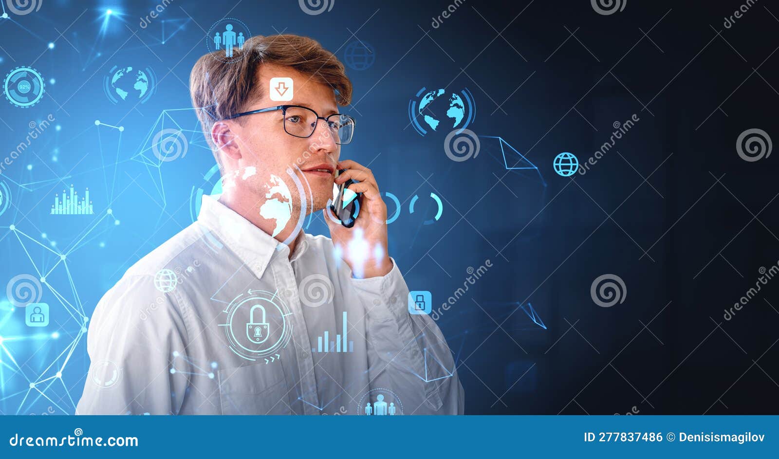 man on smartphone, blockchain interface