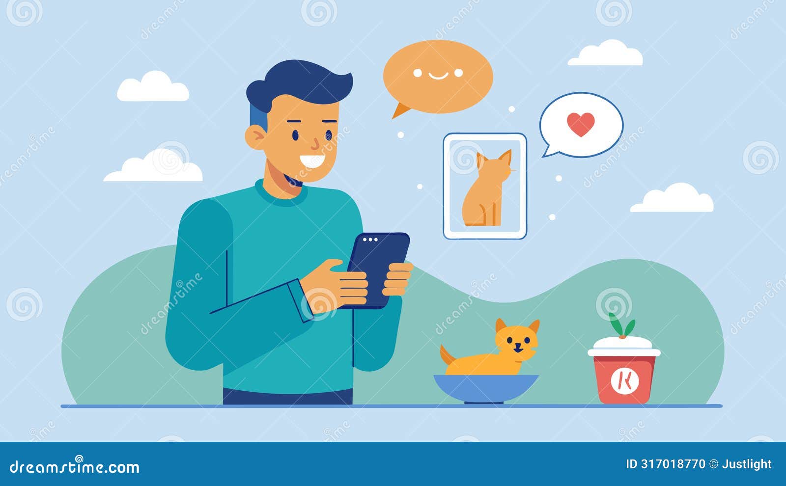 a man smiling as he receives an alert on his phone that his pet has just eaten their dinner thanks to the cloudbased pet