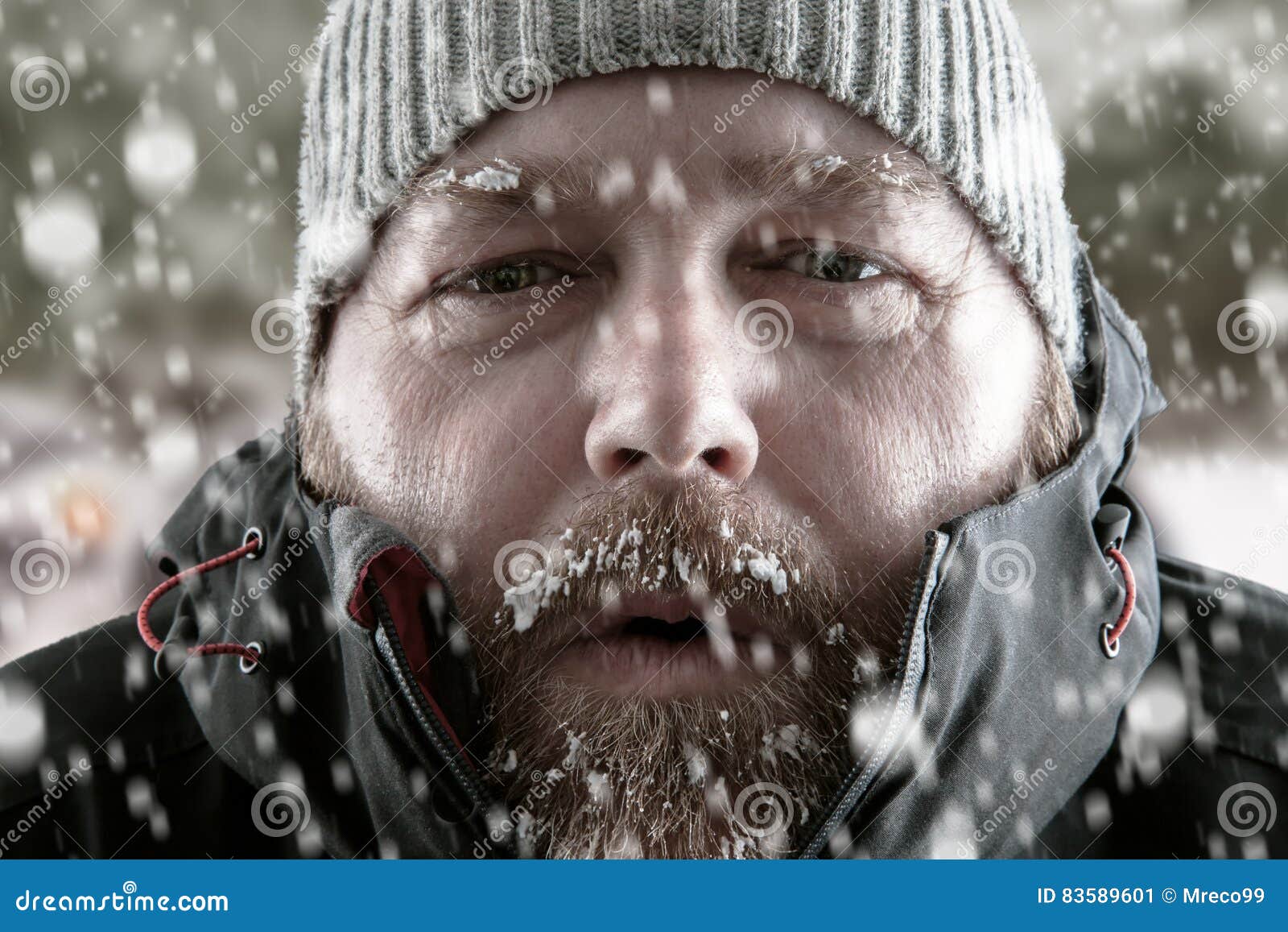 Man in snow storm close up stock image. Image of cold 83589601