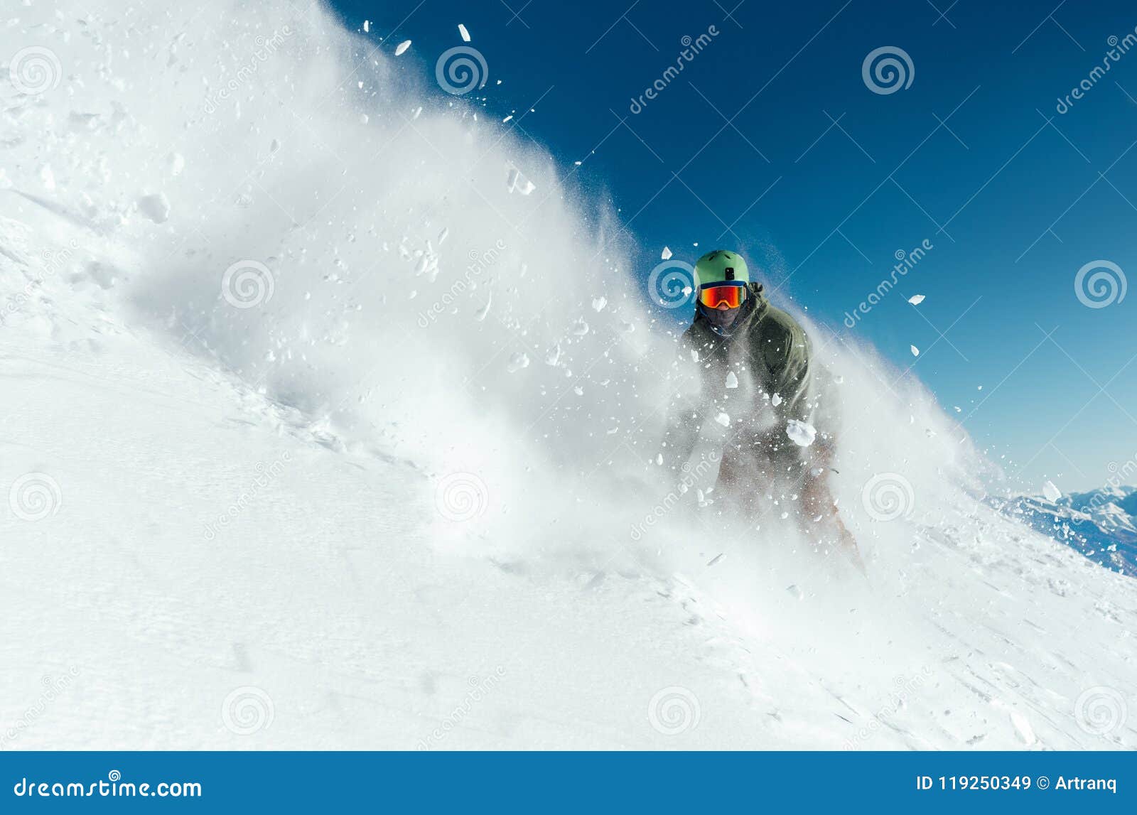 Man Snowboarder is Going Very Fast in Stream of Snow Avalanche Stock Image 
