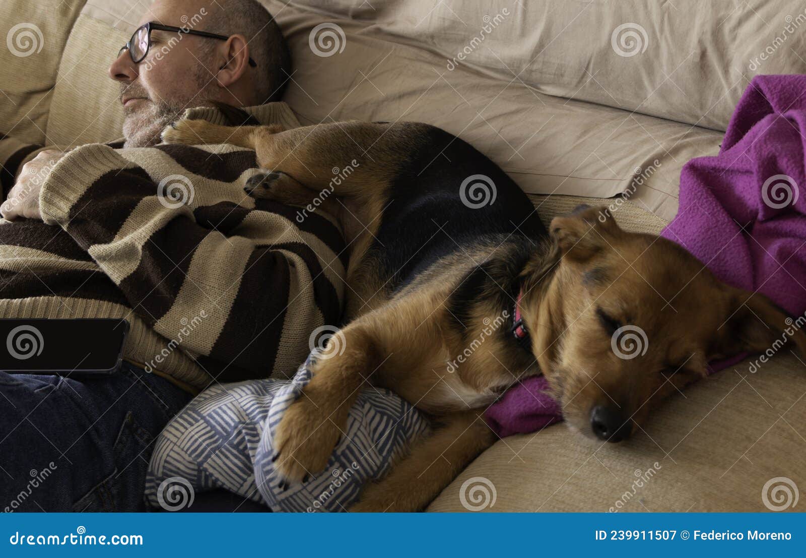 Man on Sofa with His Dog Sleeping on Top of Him Stock Image Image of