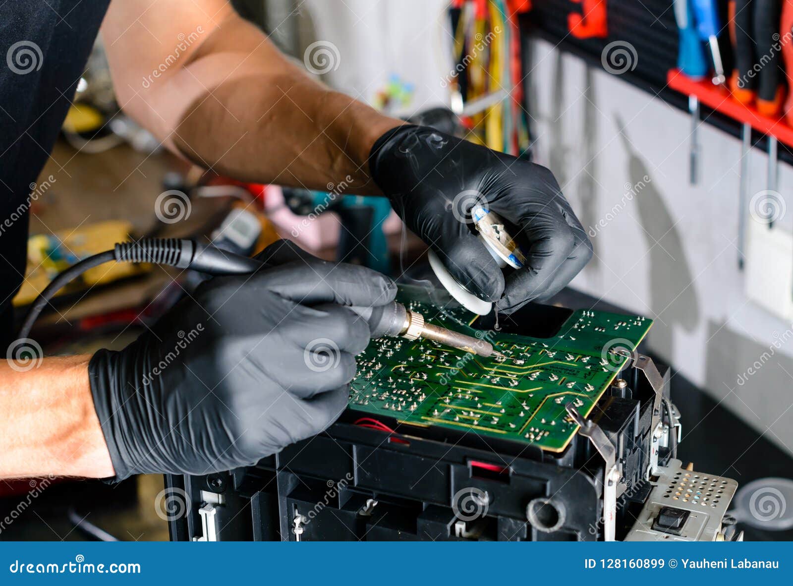 Man Solder a Chip in a Closeup Stock Image Image of device