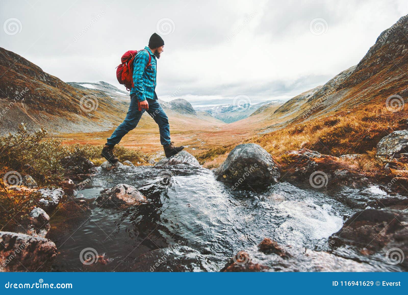 man solo traveling backpacker hiking in scandinavian mountains