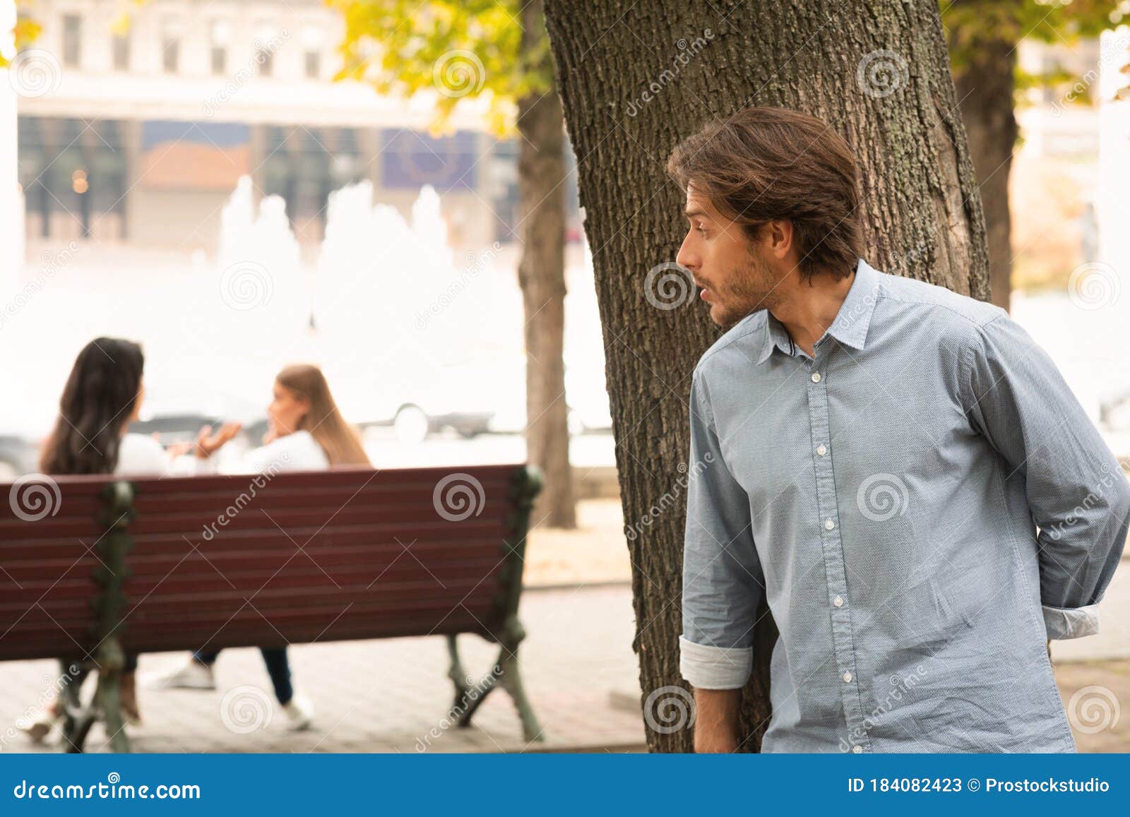 Man Spying On Girls While They Talking Sitting In Park Stock Image Image Of Girls Background