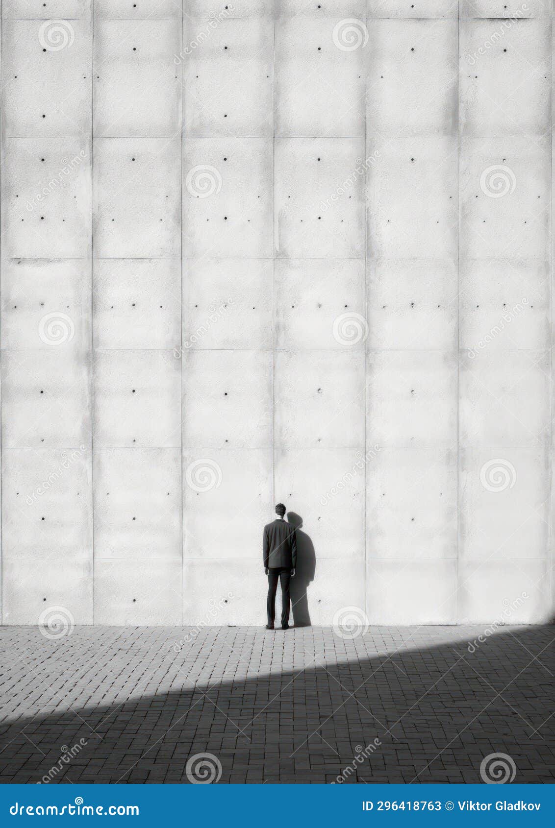 Man Standing Alone Against a Large Geometric Concrete Wall. Generative AI Stock Illustration