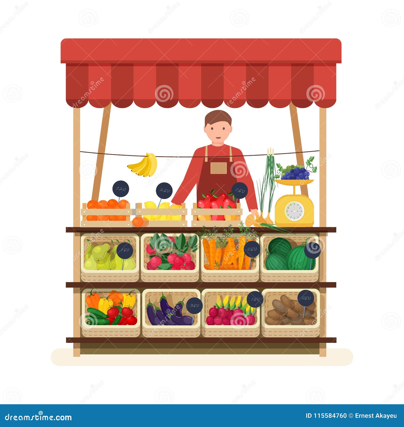 Greengrocer in a market. Smiling girl trader standing behind her counter  surrounded by vegetables and fruit, a black and white vector illustration  in a cartoon style for a coloring book Stock Vector