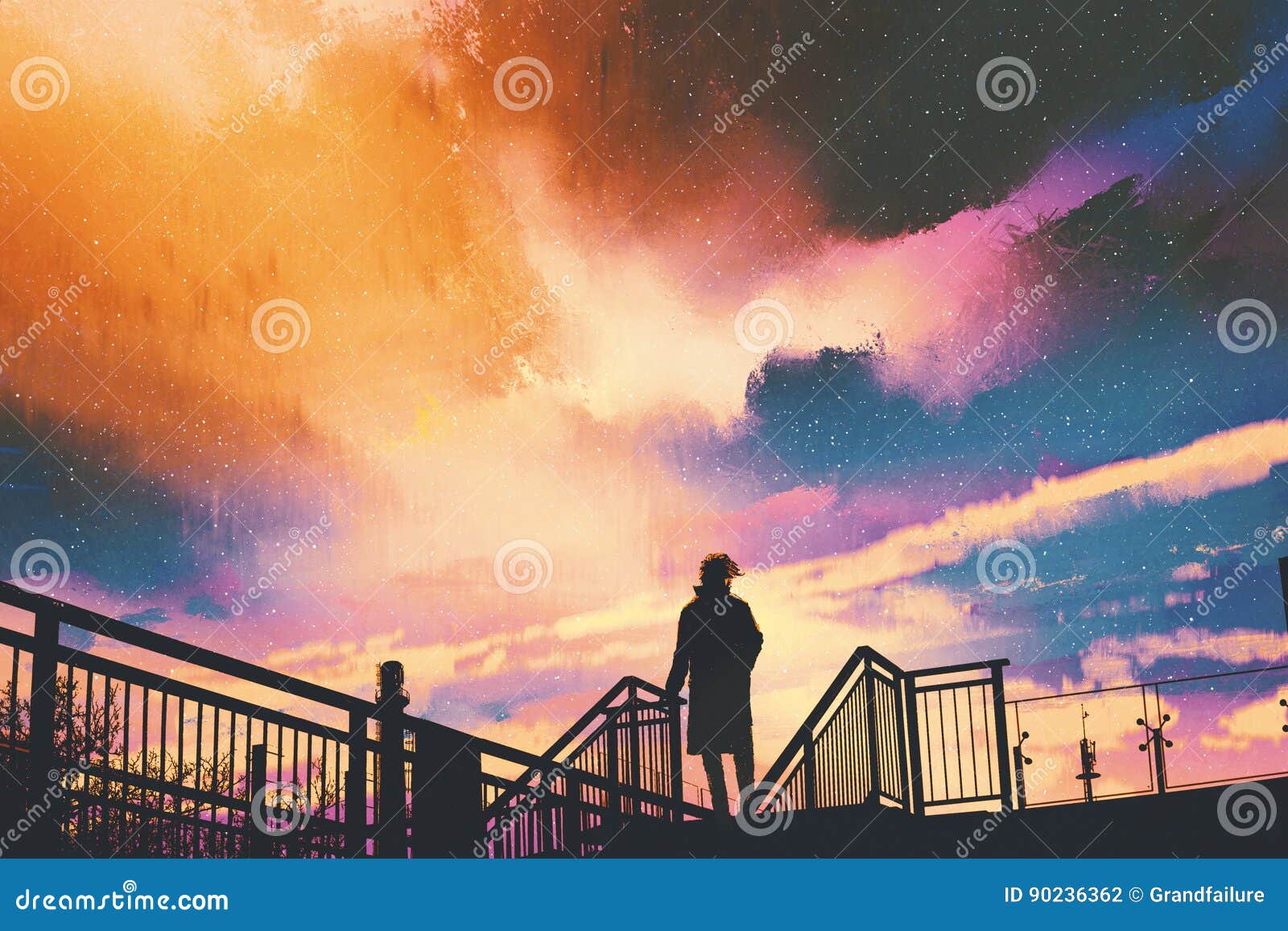man standing on footbridge against colorful sky
