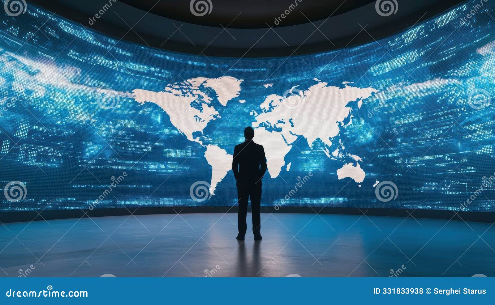 A Man Standing In Front Of A Large Screen With World Map Ai Stock A Man Standing In Front Of A Large Screen With World Map Ai Stock