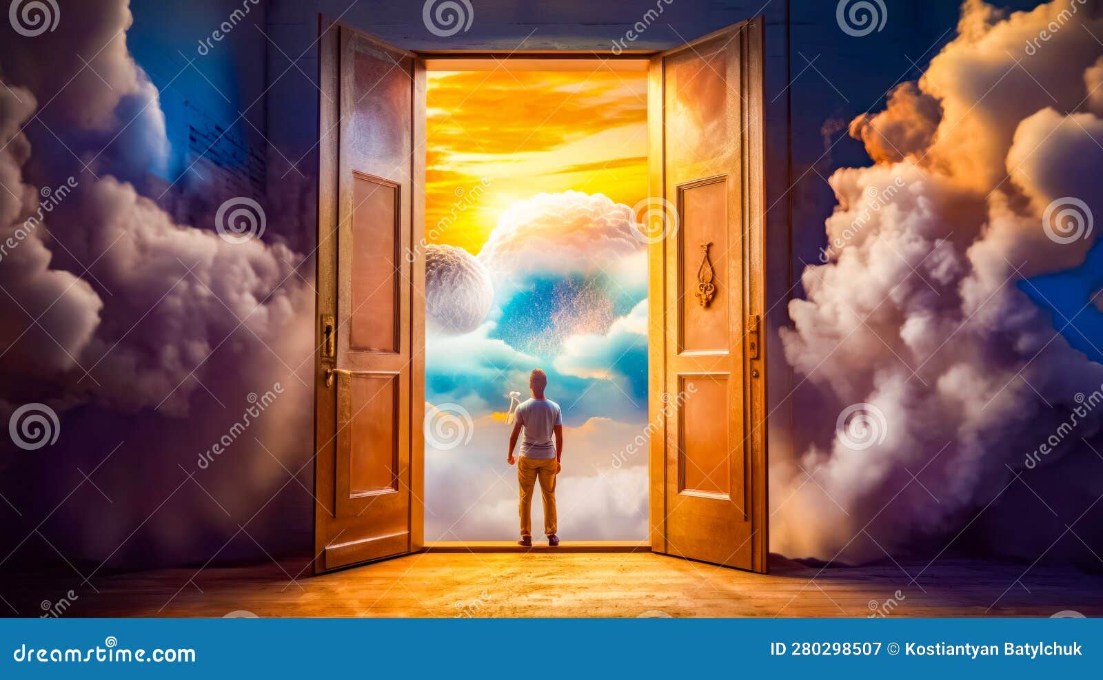 Man Standing in Front of Open Door To Sky Filled with Clouds