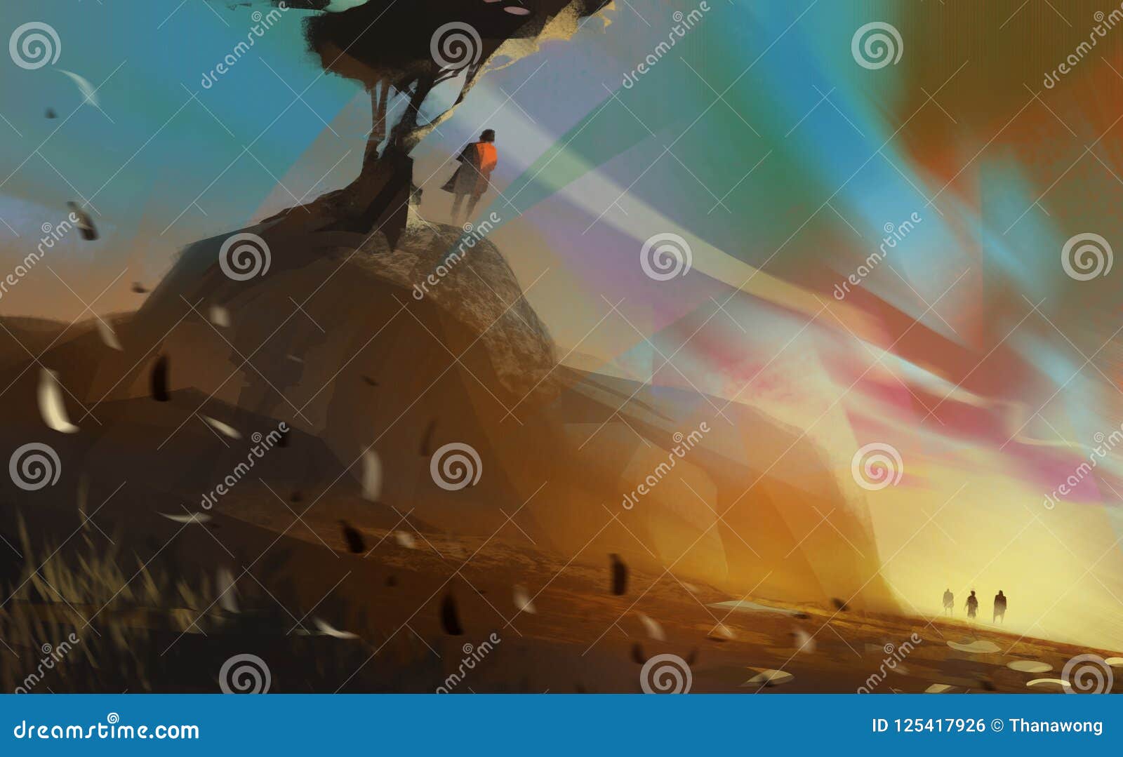 Man Standing On Hill Under A Big Tree In Sunset, Digital ...