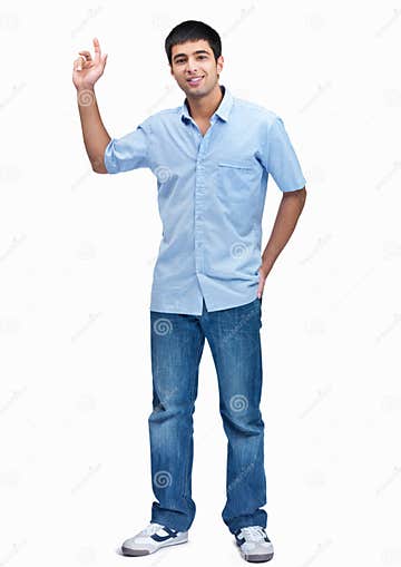 Man Standing with His Arm Raised Isolated on White Stock Image - Image ...
