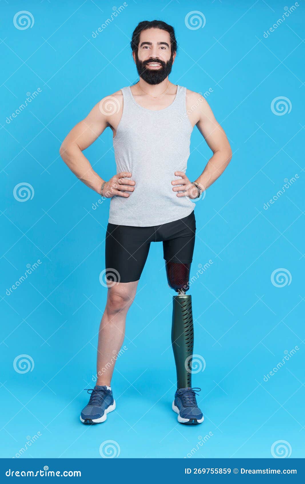 Man Standing with a Leg Prosthesis, Blue Background Stock Image Image