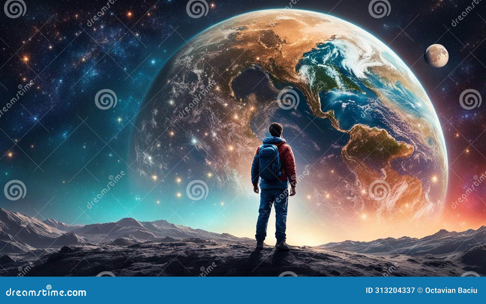man standing on the moon, watching the earth