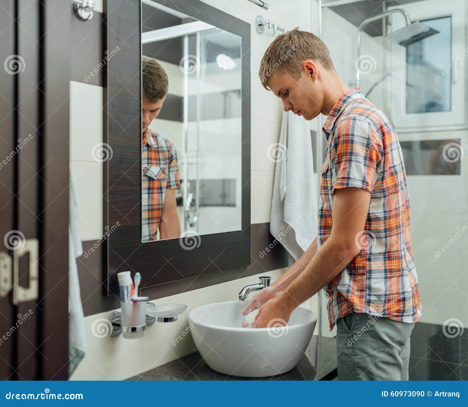 Man is Standing and Washing His Hands Stock Photo Image of hold