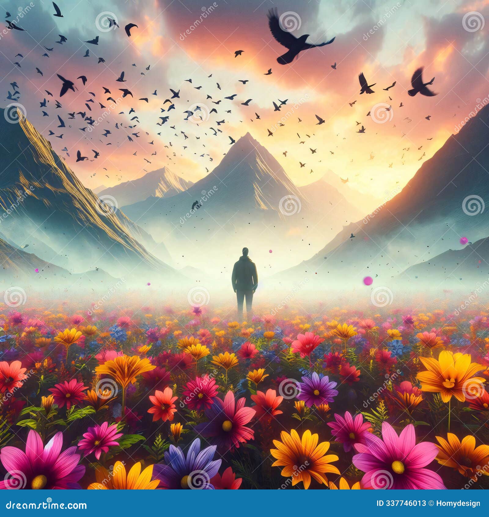 man stands alone in a vibrant field of flowers, mountains rise in the background, and birds fly towards the setting sun