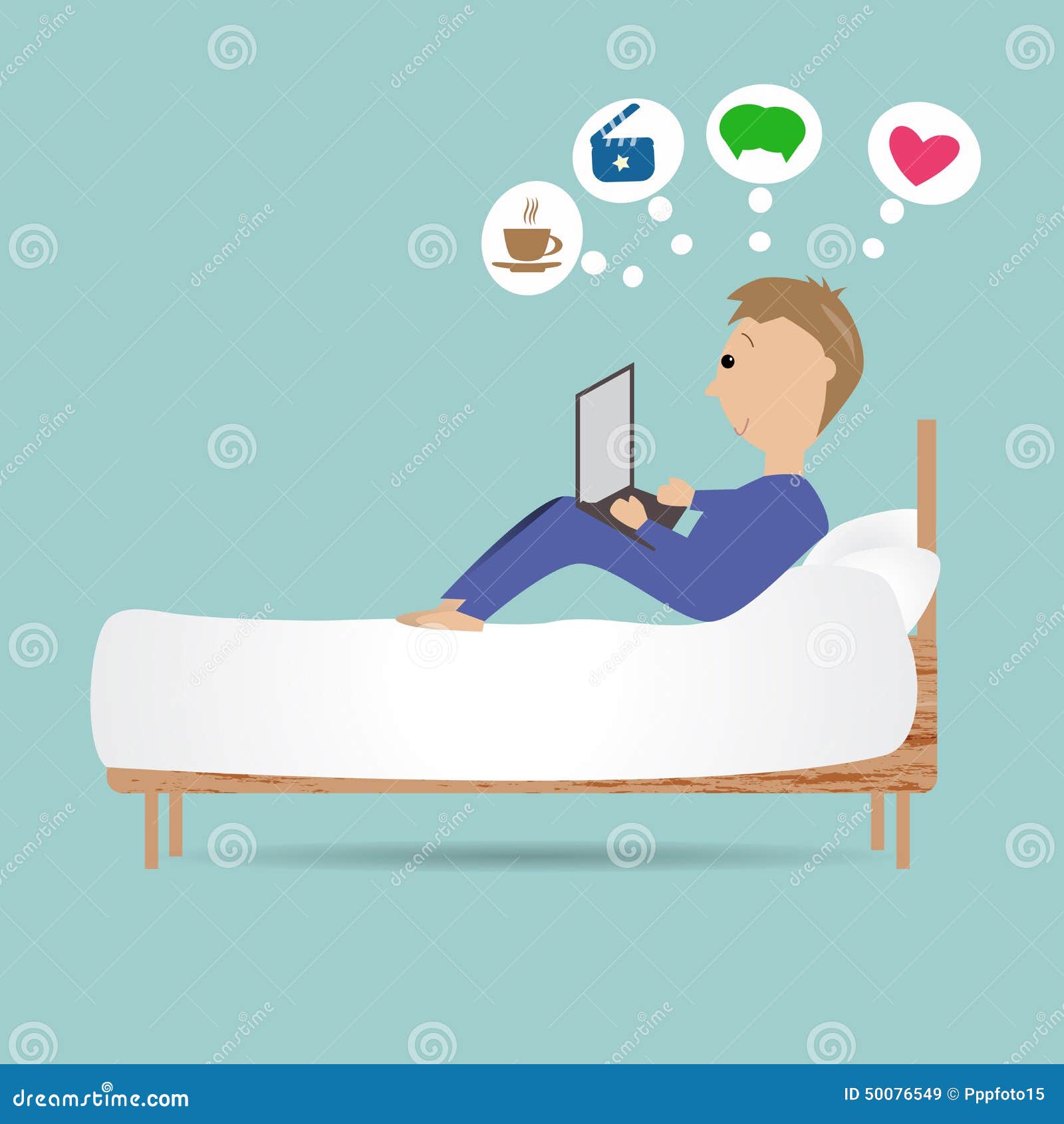 The Man Stay On The Bed Use The Laptop For Surfing The Internet Cartoon Vector Cartoondealer Com 50076549